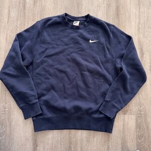 Nike Mens Crewneck Sweatshirt Navy Blue Embroidered Swoosh Fleece Size Small